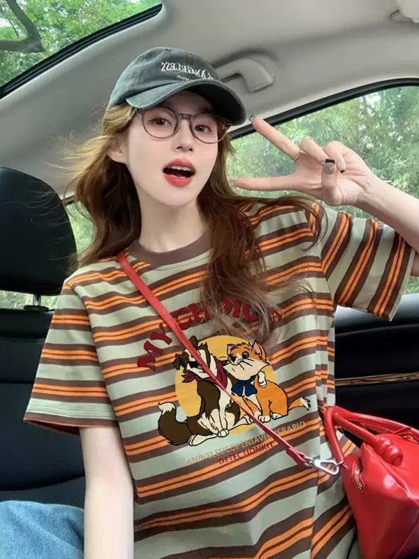 American design striped printed T-shirt for women 2025 summer hot style loose versatile niche age-reducing short-sleeved top