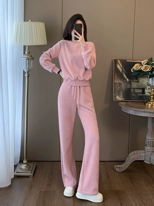 Pink high-end sports casual suit for women in autumn and winter fashion slimming Internet celebrity street sweatshirt wide-leg pants two-piece set