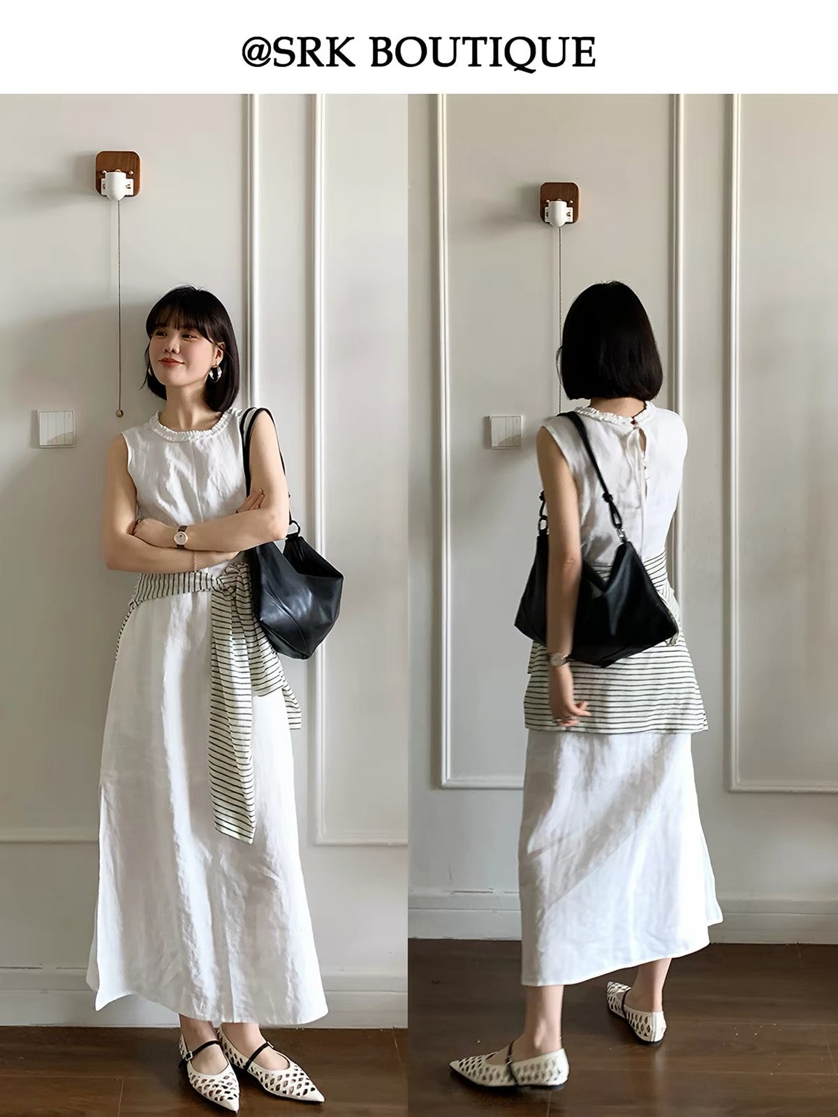 SRK French-style linen sleeveless maxi dress—featuring a unique waist-cinching design, a chic yet relaxed vibe, and a stylish look for the new summer season.