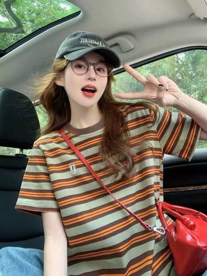 Hong Kong style retro striped embroidered shirt women 2025 summer new loose slim niche short-sleeved T-shirt women