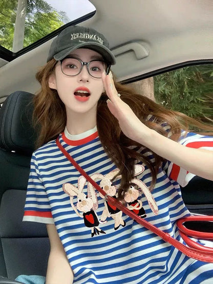 Hong Kong style retro cartoon rabbit print contrast color short-sleeved print female 2025 summer new loose striped shirt