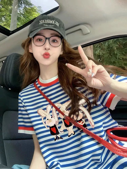 Hong Kong style retro cartoon rabbit print contrast color short-sleeved print female 2025 summer new loose striped shirt
