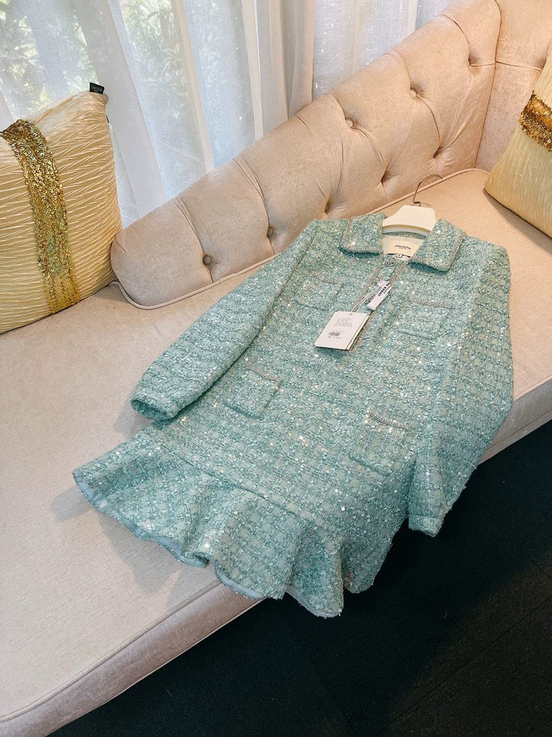 S*p Mermaid Ji heavy luxury nail diamond sequins Xiaoxiang celebrity style long sleeve autumn and winter rich daughter dress female