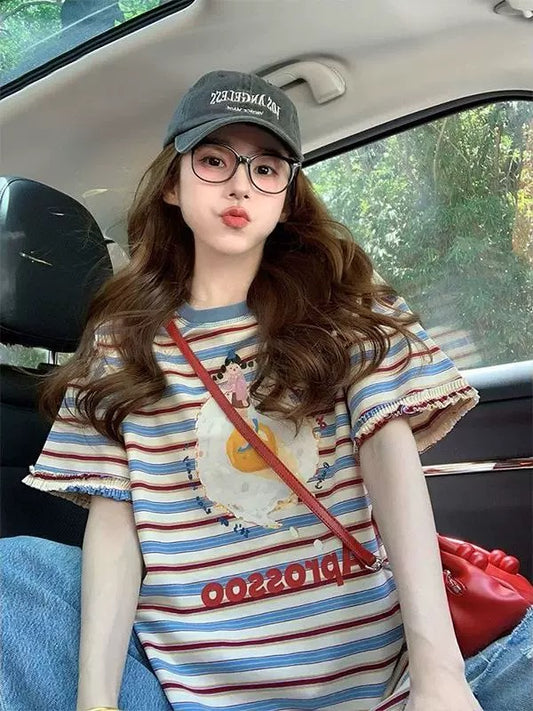 Korean pure cotton cartoon print short-sleeved T-shirt for women 2025 summer new design loose niche short-sleeved T-shirt trend