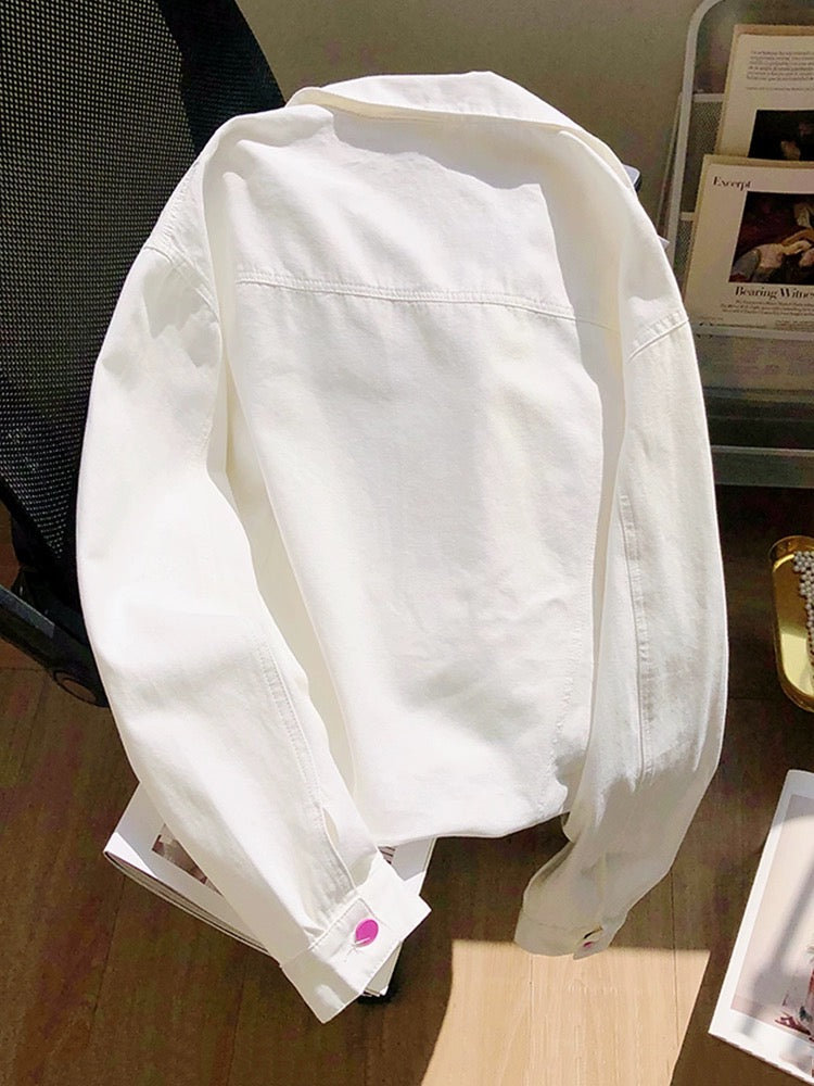 American white three-dimensional decorative denim jacket for women 2024 spring and autumn new niche high-end lapel motorcycle jacket...