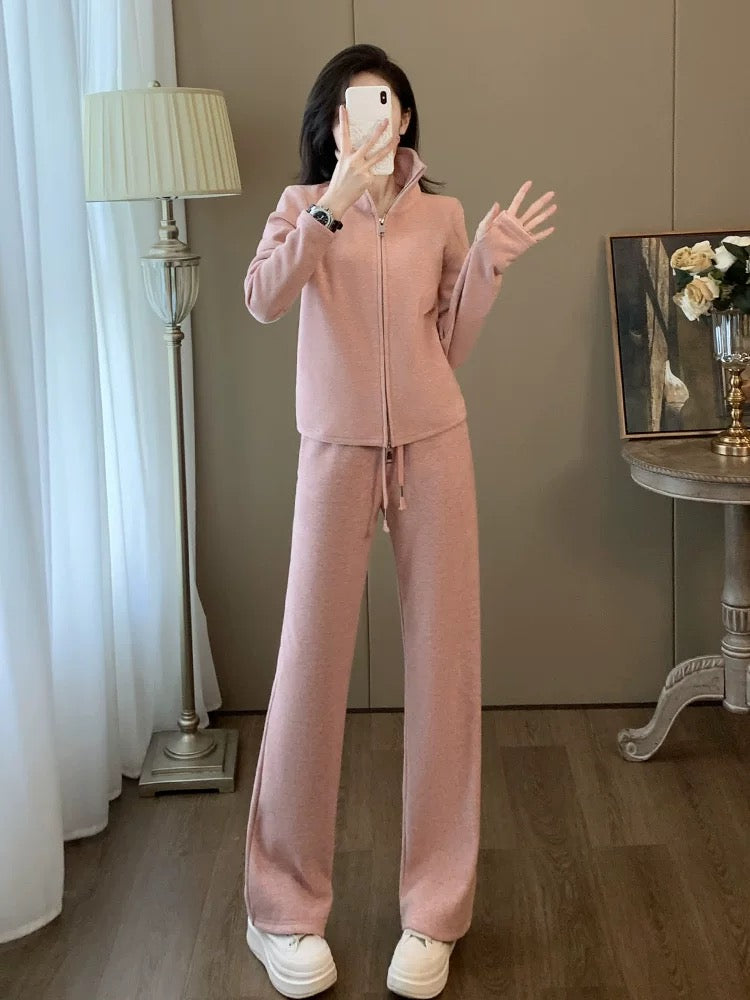 Pink sports casual suit for women, autumn and winter fashionable temperament, high-end sense, slim sweatshirt and pants two-piece set