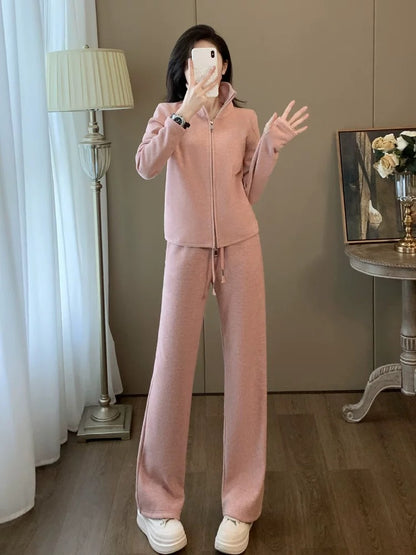 Pink sports casual suit for women, autumn and winter fashionable temperament, high-end sense, slim sweatshirt and pants two-piece set