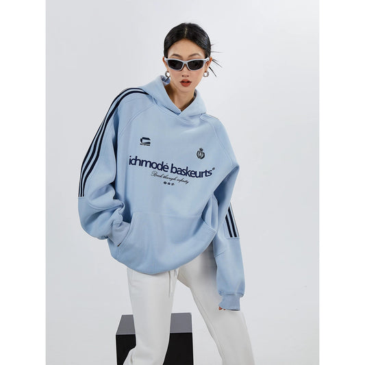 ICH MODE 400G shoulder striped sports casual American hooded sweatshirt silhouette texture street hoodie for women