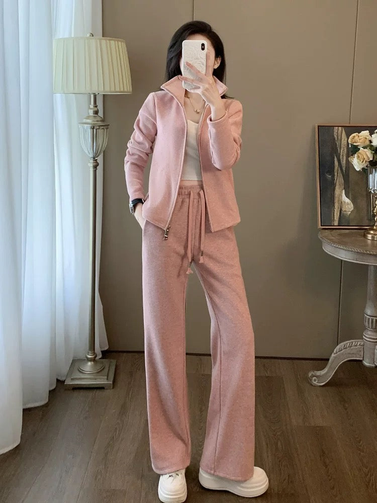 Pink sports casual suit for women, autumn and winter fashionable temperament, high-end sense, slim sweatshirt and pants two-piece set