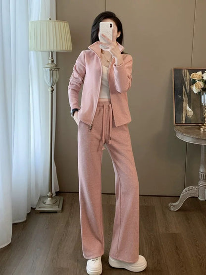 Pink sports casual suit for women, autumn and winter fashionable temperament, high-end sense, slim sweatshirt and pants two-piece set