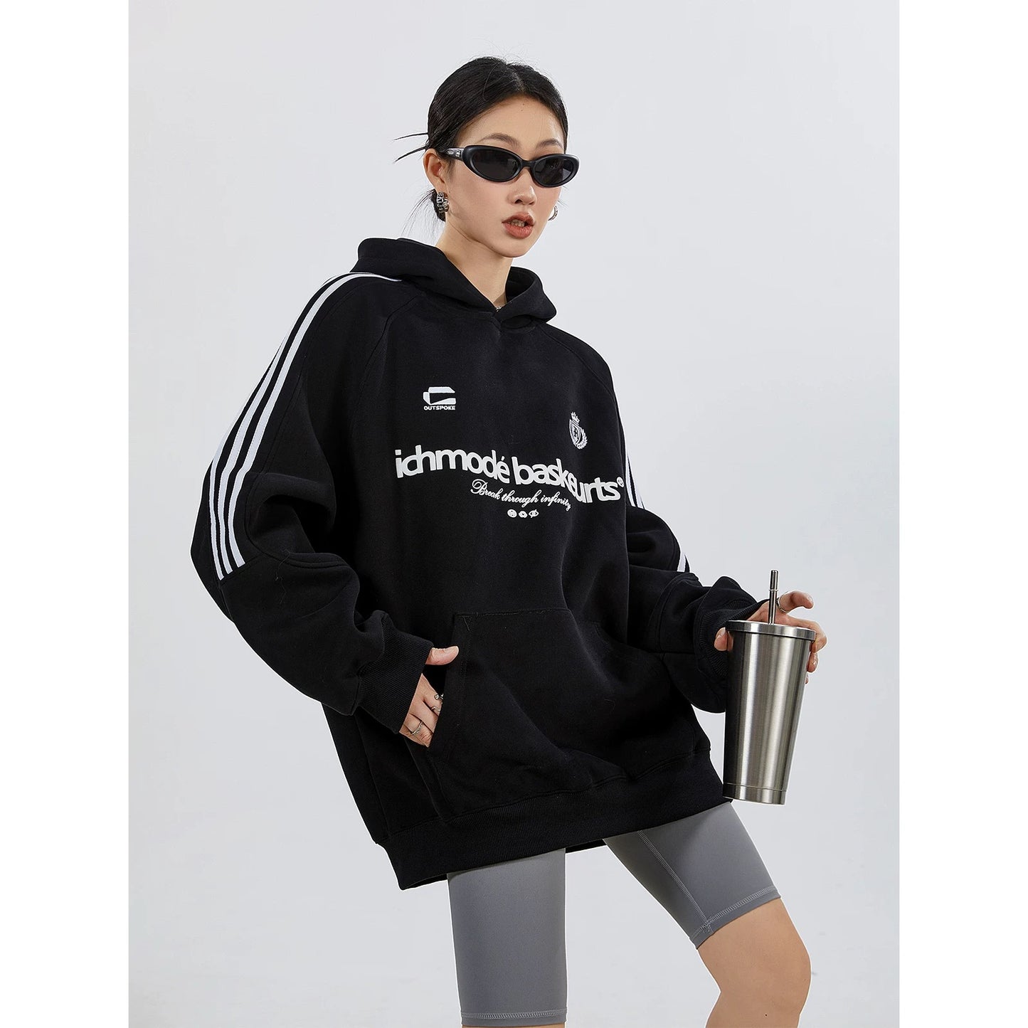ICH MODE 400G shoulder striped sports casual American hooded sweatshirt silhouette texture street hoodie for women