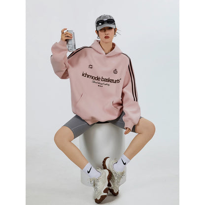 ICH MODE 400G shoulder striped sports casual American hooded sweatshirt silhouette texture street hoodie for women