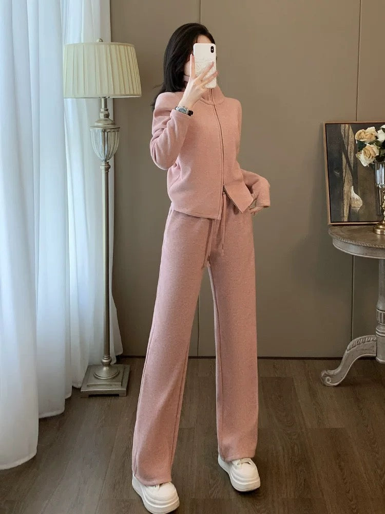 Pink sports casual suit for women, autumn and winter fashionable temperament, high-end sense, slim sweatshirt and pants two-piece set