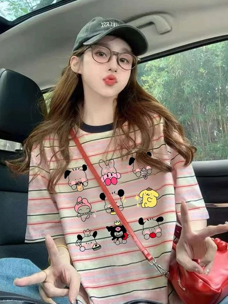 Hong Kong style retro color matching striped print short-sleeved women 2025 summer new design loose versatile casual short-sleeved