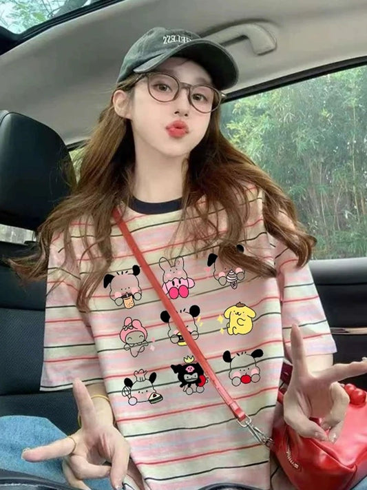 Hong Kong style retro color matching striped print short-sleeved women 2025 summer new design loose versatile casual short-sleeved
