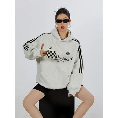 ICH MODE 400G shoulder striped sports casual American hooded sweatshirt silhouette texture street hoodie for women