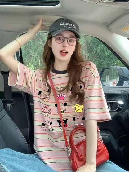 Hong Kong style retro color matching striped print short-sleeved women 2025 summer new design loose versatile casual short-sleeved