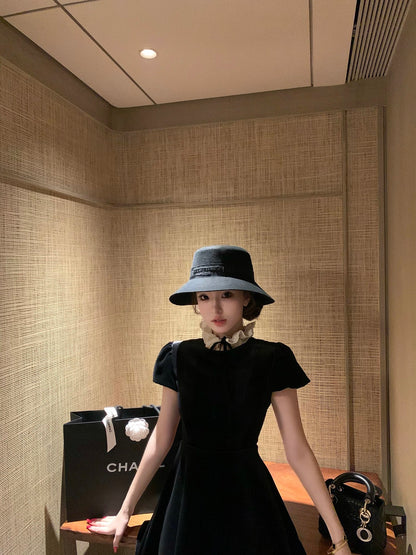 OYFF Fanfan is here! [Hepburn Girl] French-style thickened vintage lace puff sleeve velvet black dress