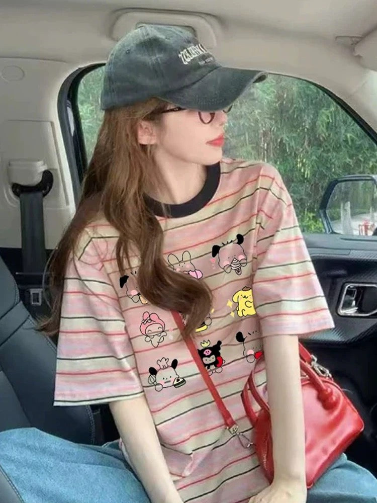 Hong Kong style retro color matching striped print short-sleeved women 2025 summer new design loose versatile casual short-sleeved