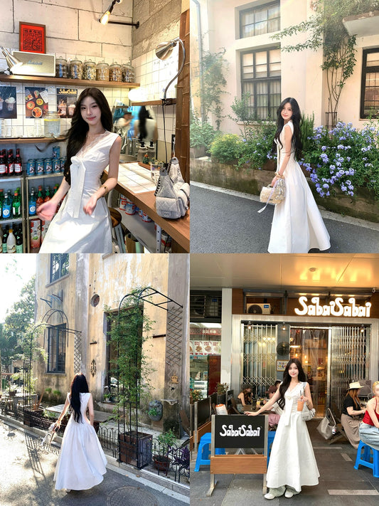 OYFF Fanfan is here! 【Glass Sand】French V-neck Lace-trimmed Sleeveless Dress for Women, Elegant Long Dress