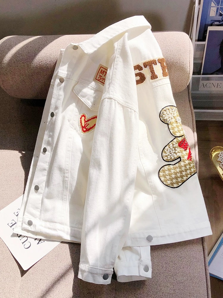 Trendy brand ins heavy industry beaded bear denim jacket 2024 spring new loose and versatile slim outer top