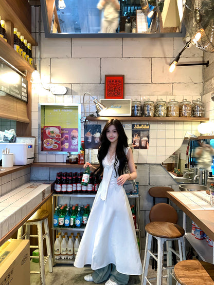 OYFF Fanfan is here! 【Glass Sand】French V-neck Lace-trimmed Sleeveless Dress for Women, Elegant Long Dress