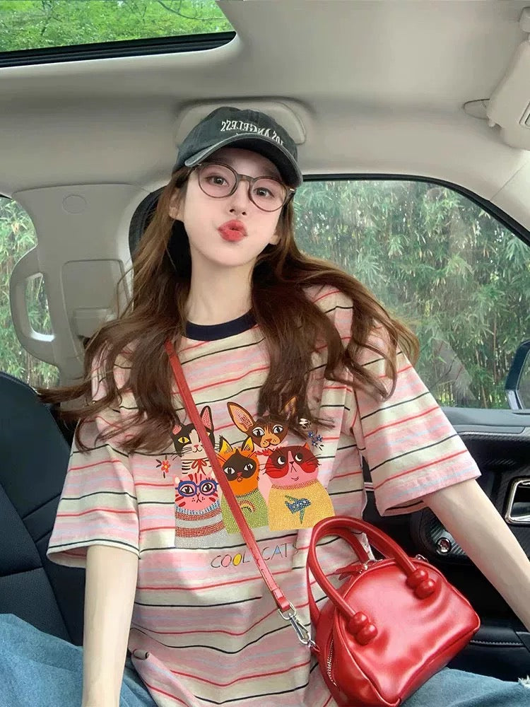 American retro pure cotton printed short-sleeved T-shirt for women 2025 summer new round neck loose slim trendy short-sleeved T-shirt