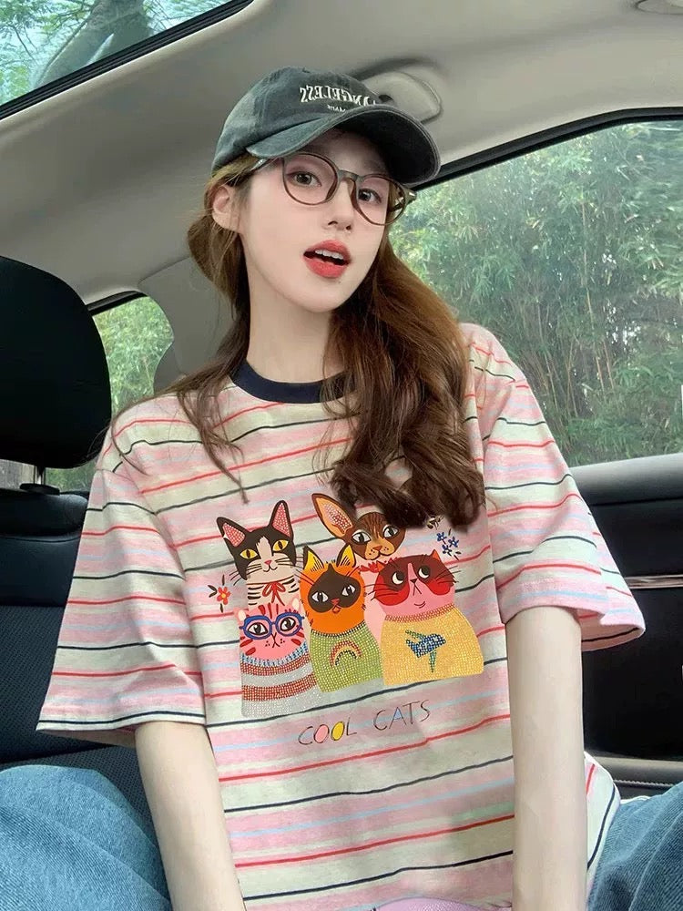 American retro pure cotton printed short-sleeved T-shirt for women 2025 summer new round neck loose slim trendy short-sleeved T-shirt