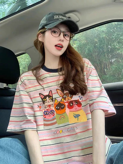 American retro pure cotton printed short-sleeved T-shirt for women 2025 summer new round neck loose slim trendy short-sleeved T-shirt