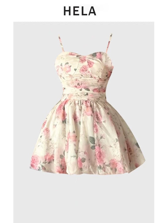 HELA Fat mm French gentle style sling floral dress female spring and summer 2024 large size pure desire waist A-line skirt