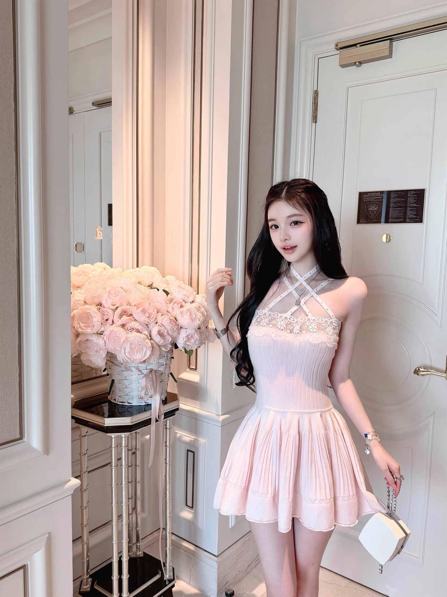 "First Love" Pink Ballet-Style Rhinestone-Embellished Sweet Halter-Neck Lace Dress