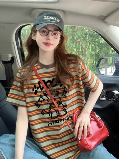 West Highland striped print short-sleeved T-shirt for women 2025 summer new design loose-fitting short-sleeved top for women