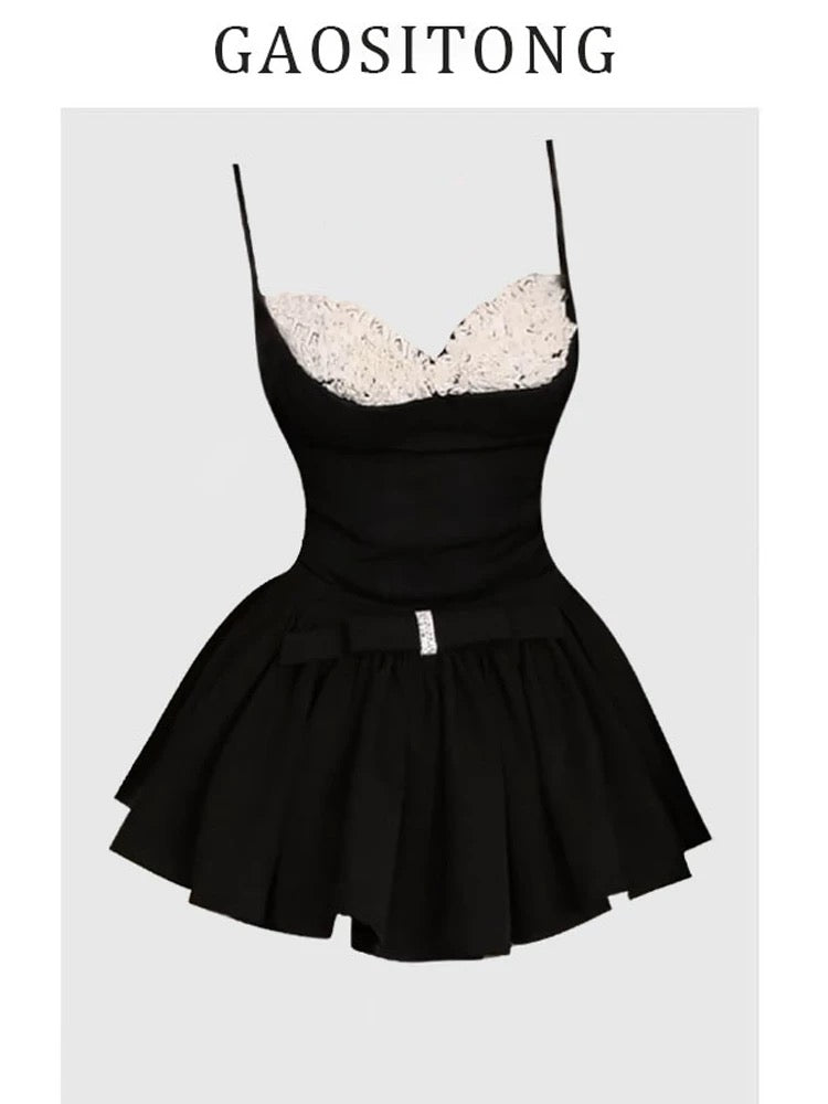GAOSITONG Ballet style contrast color suspender top female summer 2025 sweet hot girl bow a-line skirt suit