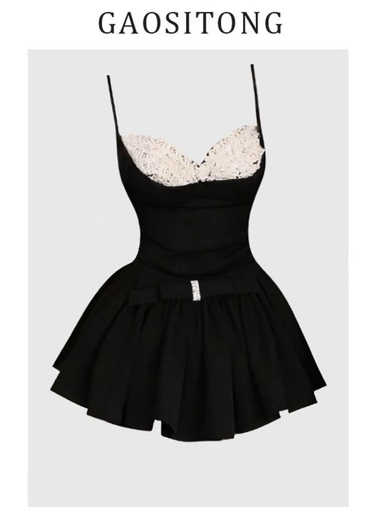 GAOSITONG Ballet style contrast color suspender top female summer 2025 sweet hot girl bow a-line skirt suit