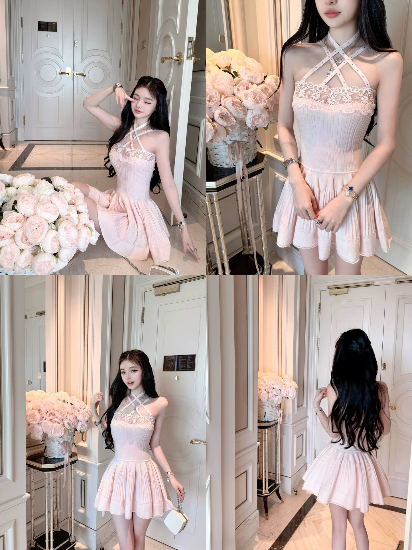 "First Love" Pink Ballet-Style Rhinestone-Embellished Sweet Halter-Neck Lace Dress