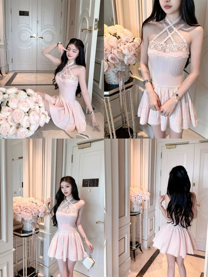 "First Love" Pink Ballet-Style Rhinestone-Embellished Sweet Halter-Neck Lace Dress