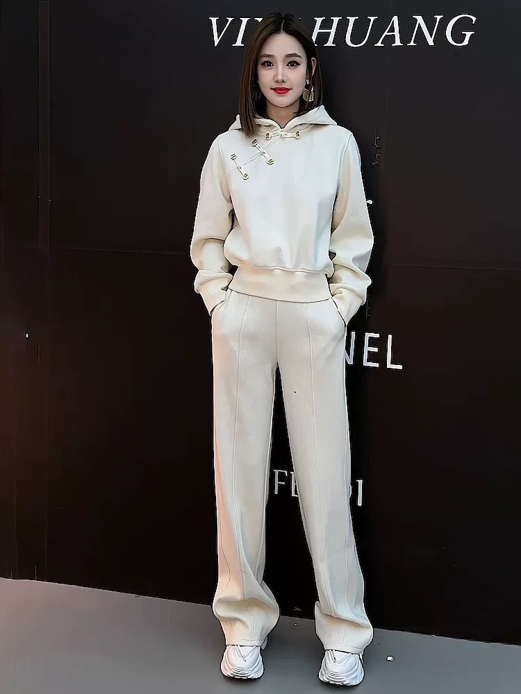 This year's popular national style disc buckle casual sports suit women's autumn 2024 fashion loose sweatshirt high-end two-piece set
