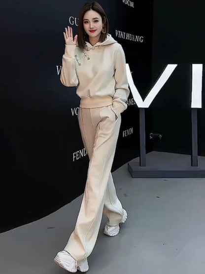 This year's popular national style disc buckle casual sports suit women's autumn 2024 fashion loose sweatshirt high-end two-piece set
