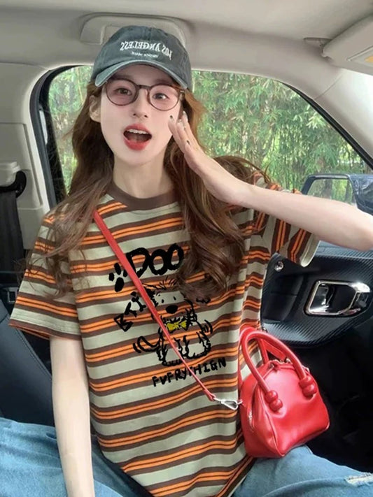 West Highland striped print short-sleeved T-shirt for women 2025 summer new design loose-fitting short-sleeved top for women