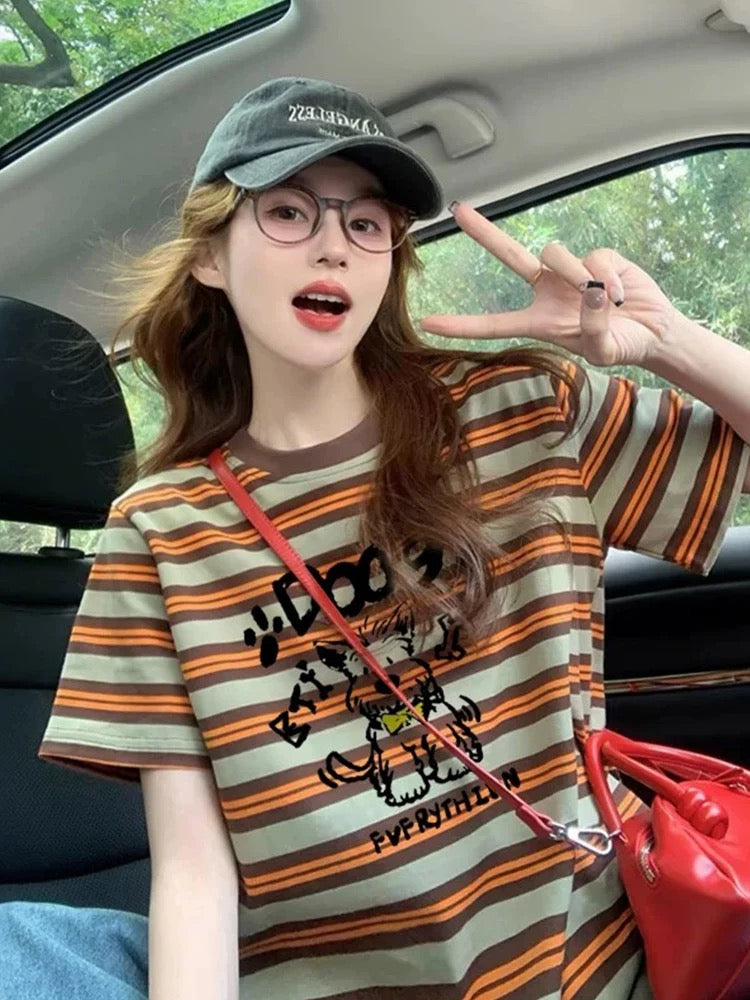 West Highland striped print short-sleeved T-shirt for women 2025 summer new design loose-fitting short-sleeved top for women