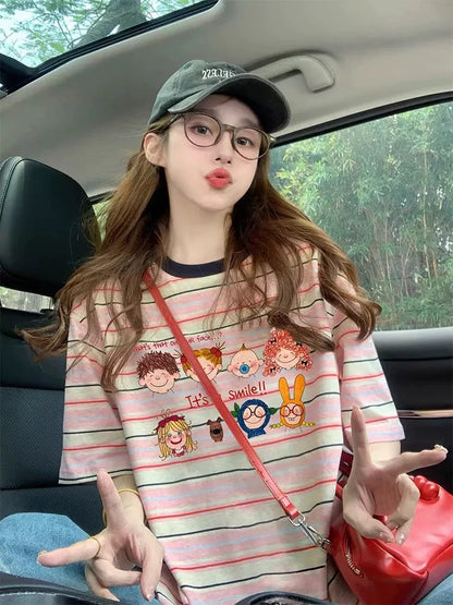 American style contrast color striped print short-sleeved T-shirt for women 2025 summer new loose slimming stylish age-reducing short-sleeved T-shirt