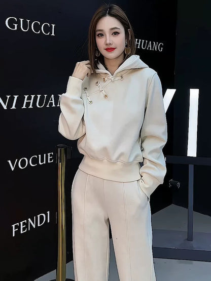 This year's popular national style disc buckle casual sports suit women's autumn 2024 fashion loose sweatshirt high-end two-piece set
