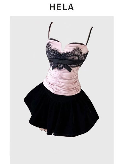 HELA fat mm sweet and spicy style lace splicing fake two-piece suspenders female summer 2024 large size lace velvet skirt and pants suit
