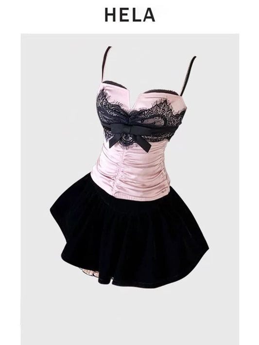 HELA fat mm sweet and spicy style lace splicing fake two-piece suspenders female summer 2024 large size lace velvet skirt and pants suit