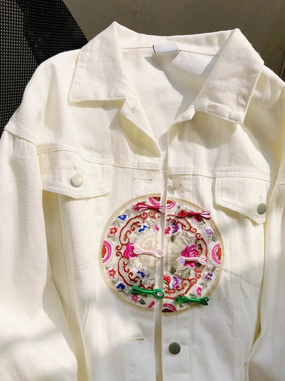 Tang suit Chinese style women's high-end embroidered white denim jacket spring loose long-sleeved button-up top