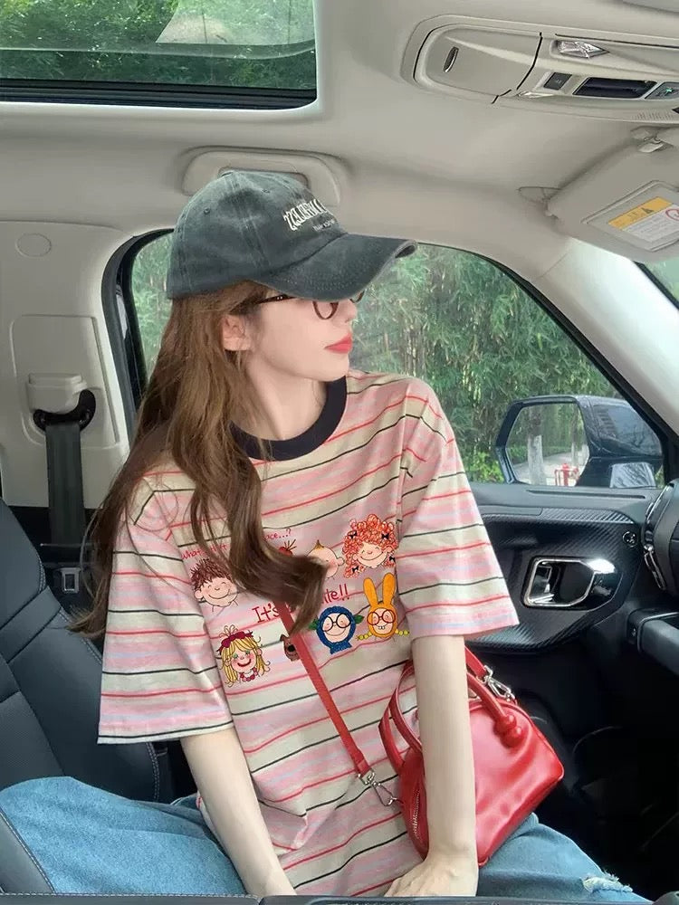 American style contrast color striped print short-sleeved T-shirt for women 2025 summer new loose slimming stylish age-reducing short-sleeved T-shirt