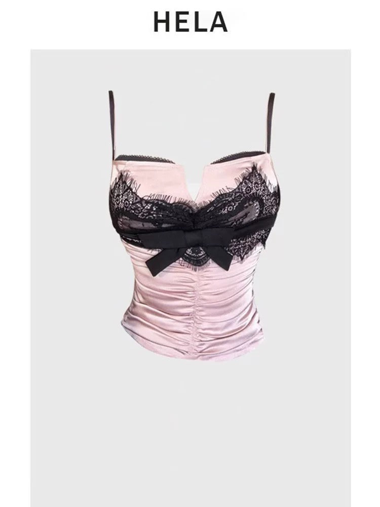 HELA fat mm sweet and spicy style lace splicing fake two-piece suspenders female summer 2024 large size lace velvet skirt and pants suit