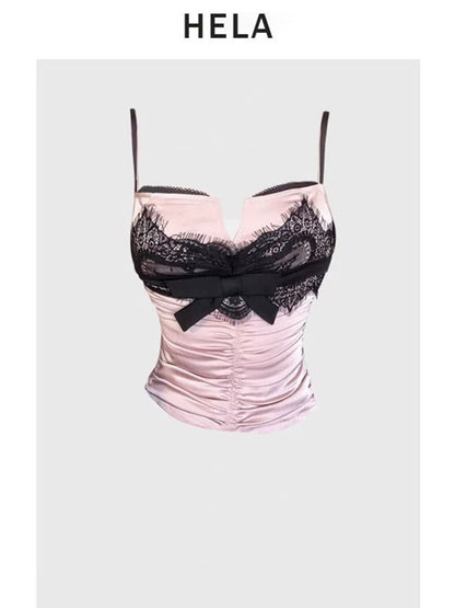 HELA fat mm sweet and spicy style lace splicing fake two-piece suspenders female summer 2024 large size lace velvet skirt and pants suit