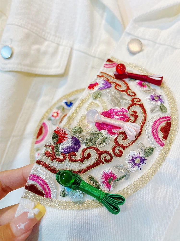 Tang suit Chinese style women's high-end embroidered white denim jacket spring loose long-sleeved button-up top