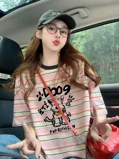 American style puppy color contrast striped short-sleeved T-shirt for women 2025 summer new loose slim design casual tops